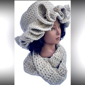 Trending Crochet Ruffle Hat And Scarf Gray/Tan Color (Handmade)